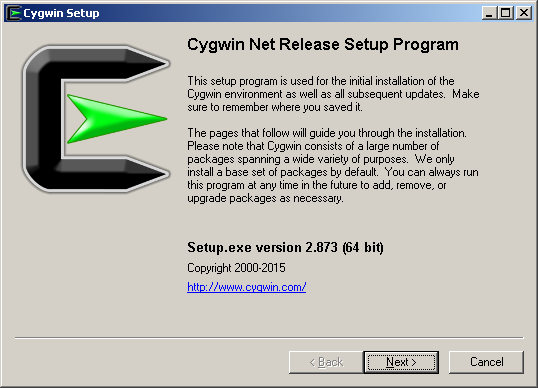 Screenshot of Cygwin installer welcome screen